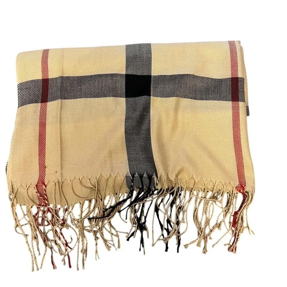 NWT BAZZAARA NY Tan Black & Red Nova Check Plaid Large Shawl Scarf w/ Fringe